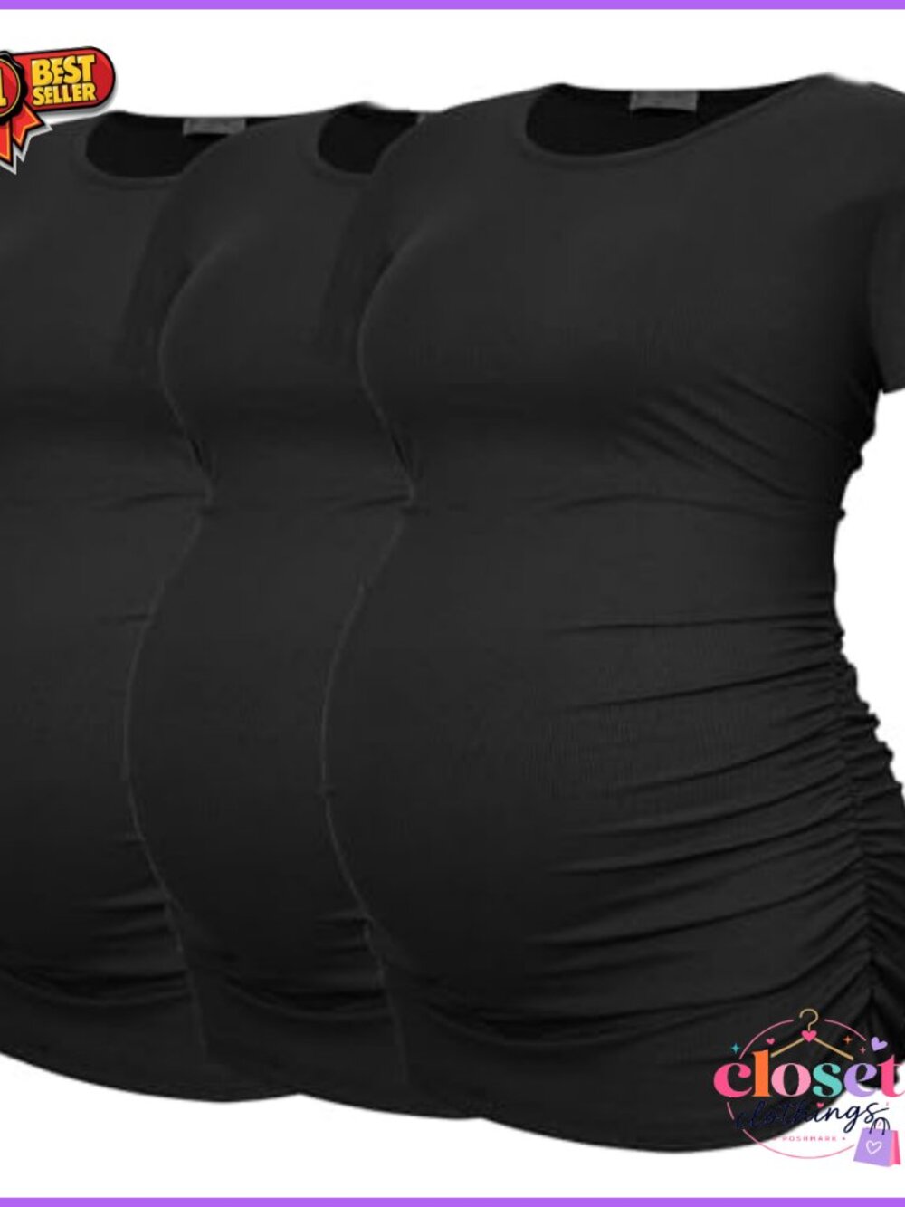 Women's Maternity Ribbed Ruched Tee Shirts 3 Pack Crew Neck Stretch